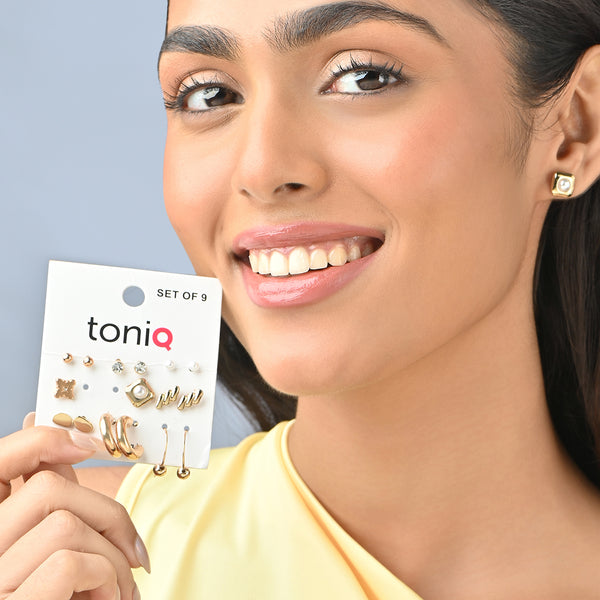 Gold-Toned, Pearl & Crystal Stud Earrings Set of 9
