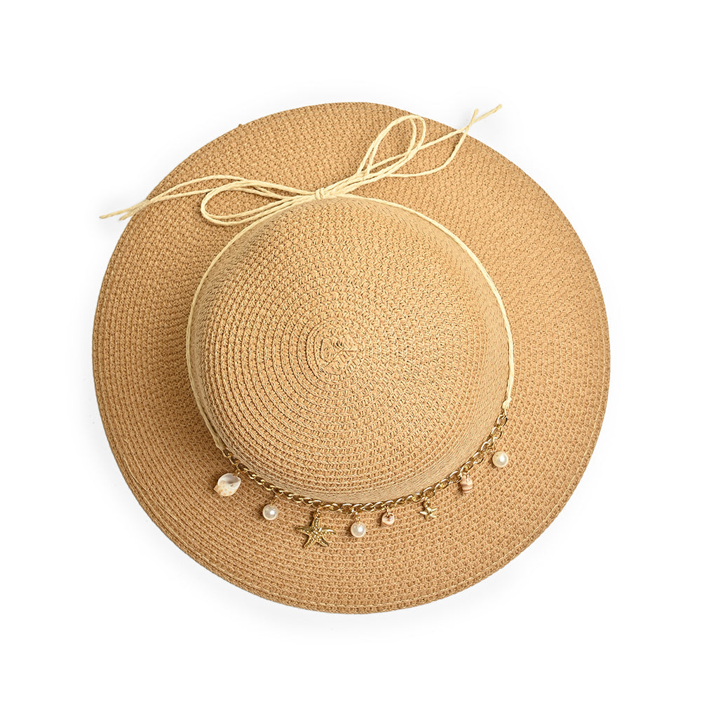 Brown Woven Straw Sun Hat with Shell, Pearl & Starfish Charms