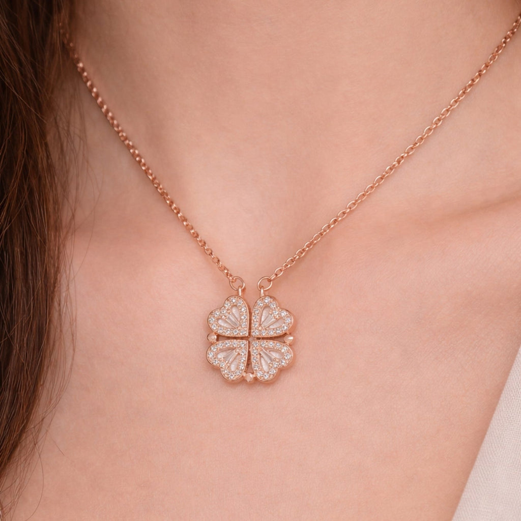 Zircon Heart Magnetic Clover Necklace - Rose Gold
