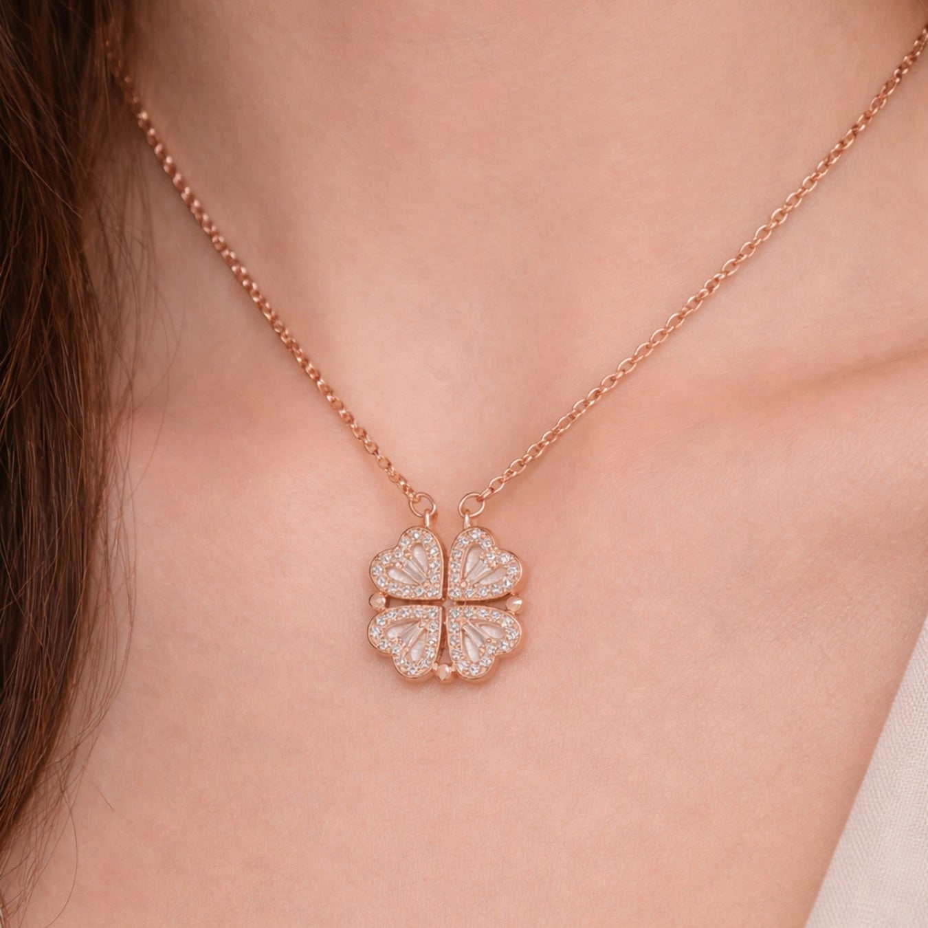 Zircon Heart Magnetic Clover Necklace - Rose Gold