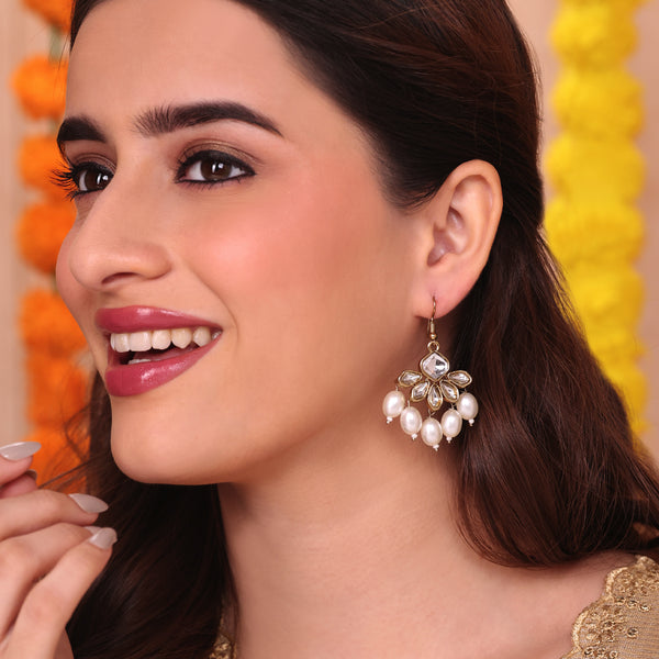 Ethnic Kundan & Pearl Golden Dangler Earrings