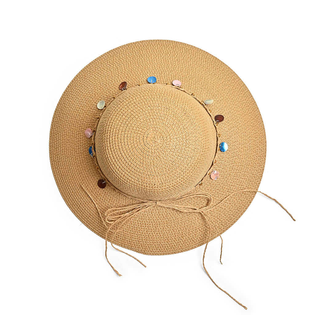Brown Woven Straw Sun Hat with Multicolour Charms