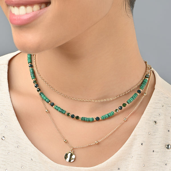 Green Beaded & Coin Pendant Layered Necklace