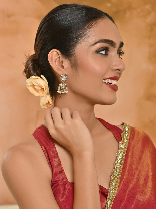Shaam-Gulab Round Kundan Pearl Jhumkas Earrings