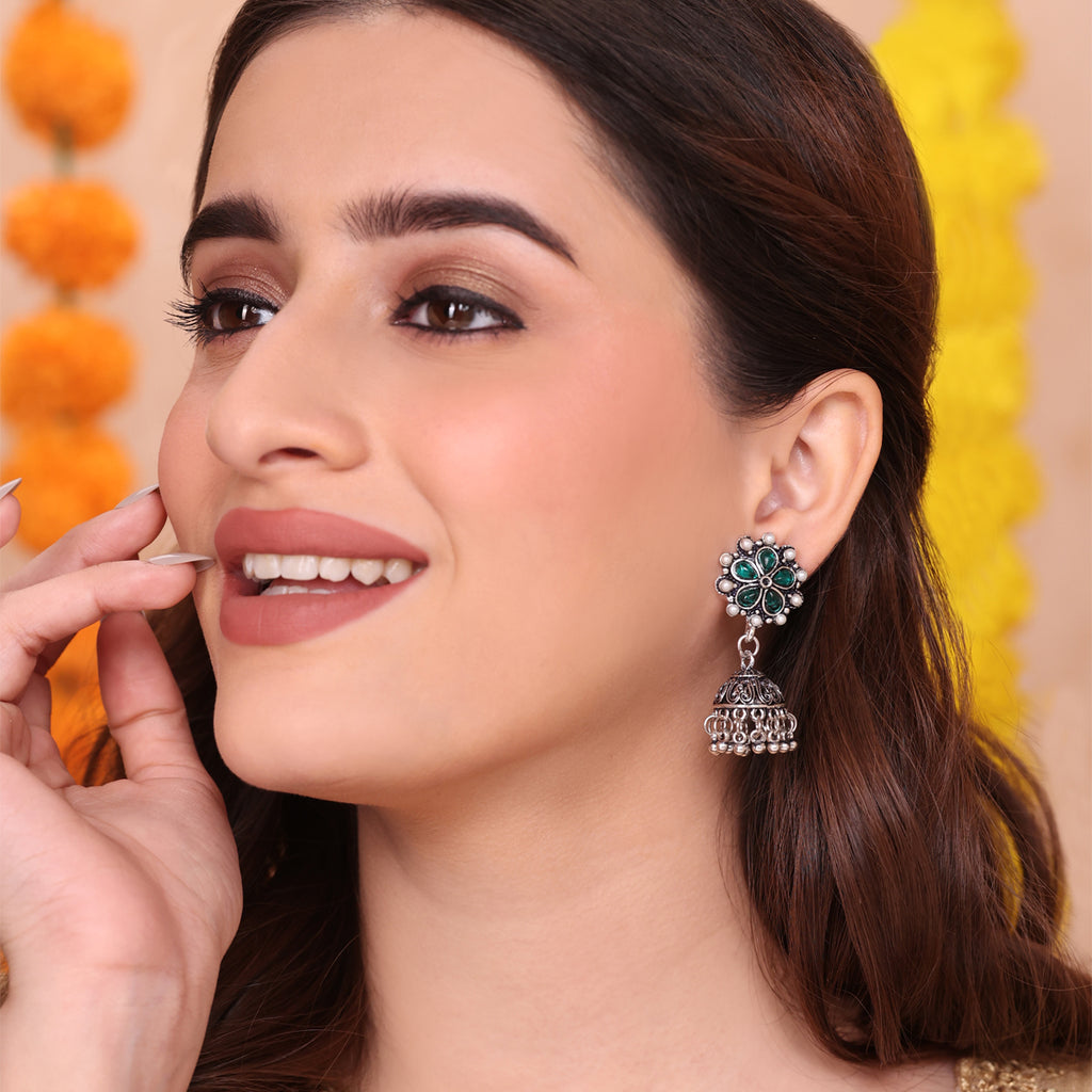 Silver Green & Pearl Jhumka Earrings