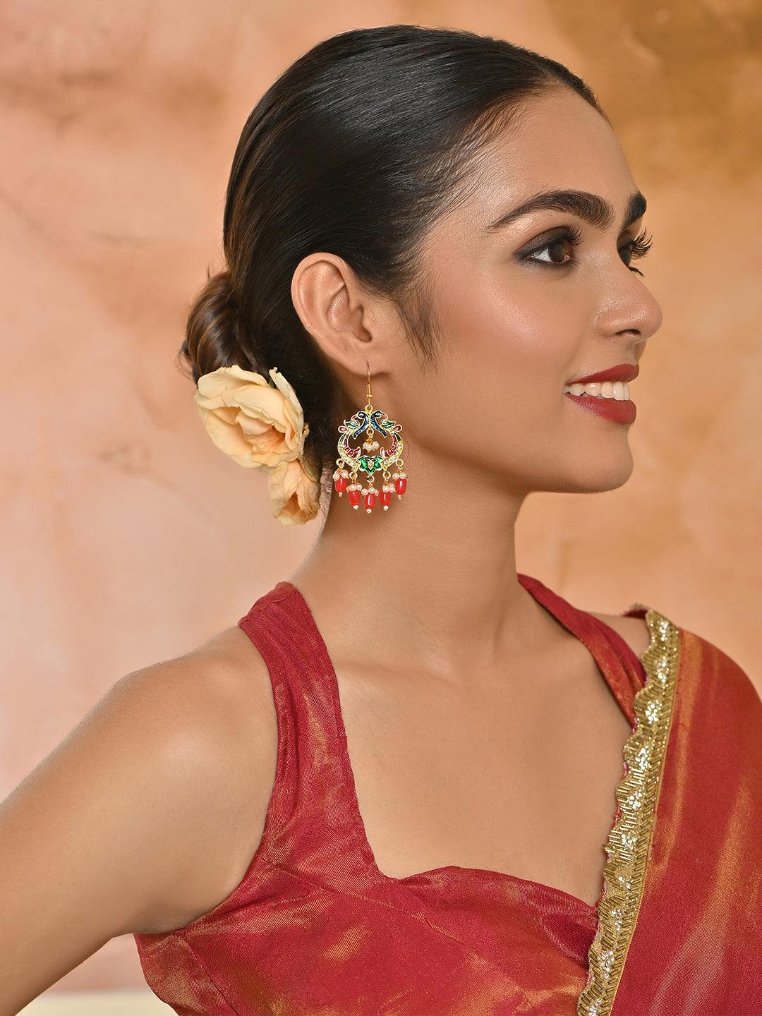 Mayur-Milap Gold Meenakari Pearl Drop Earrings