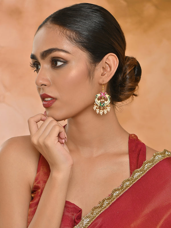 Mayur-Milap Gold Meenakari Pearl Drop Earrings