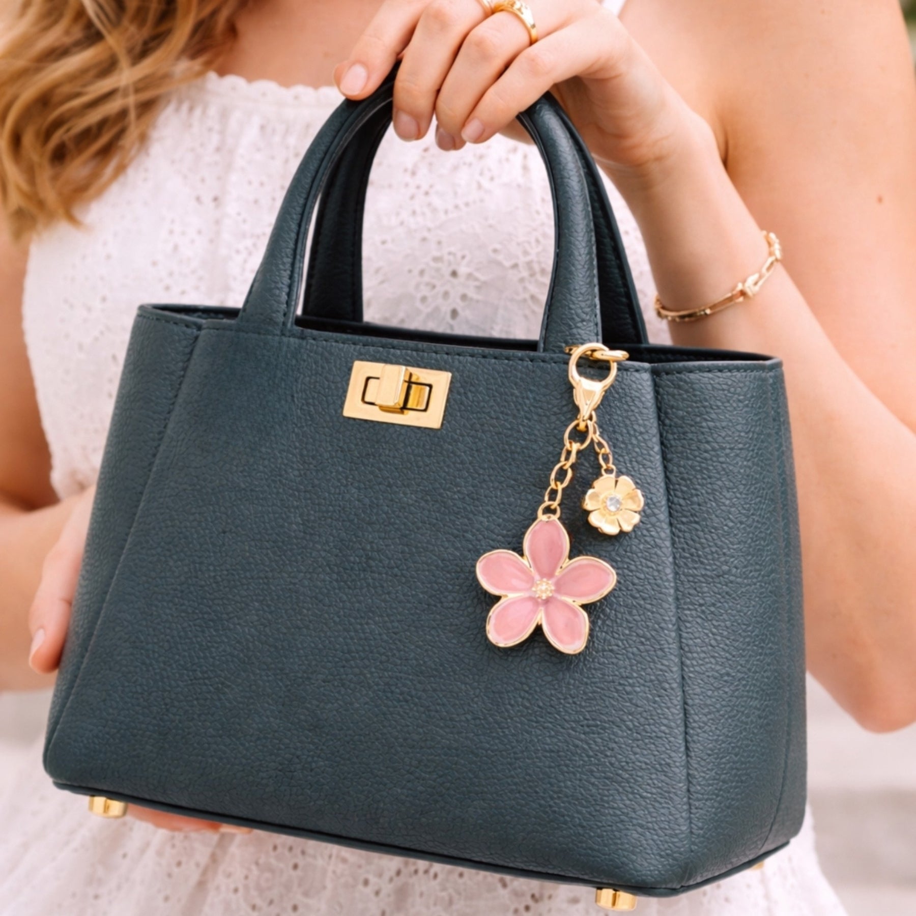 Pink Floral Enamel Bag Charm