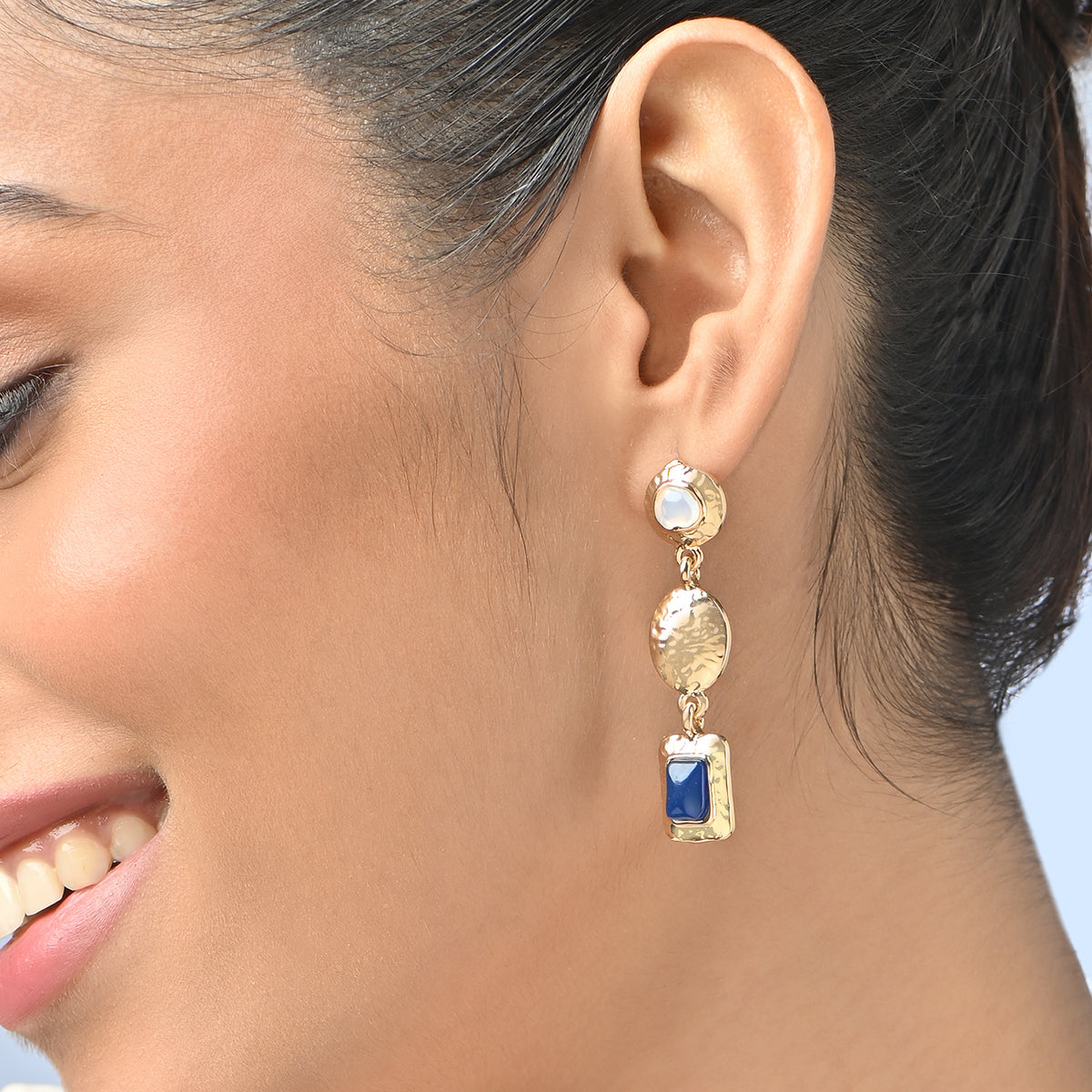 Gold Textured Drop Earrings with Blue Stone