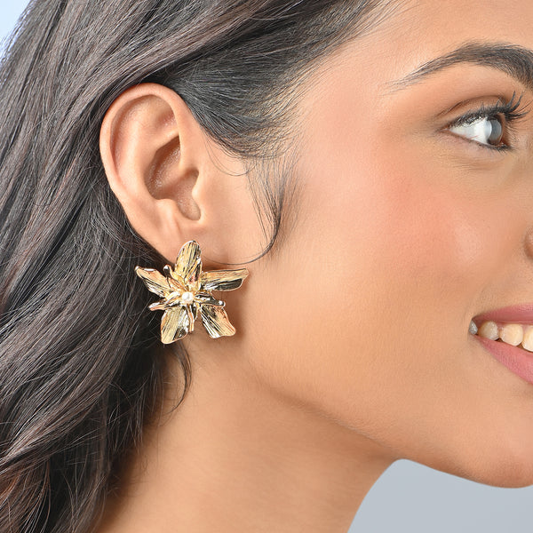 Floral Textured Stud Earrings with Pearl Centre