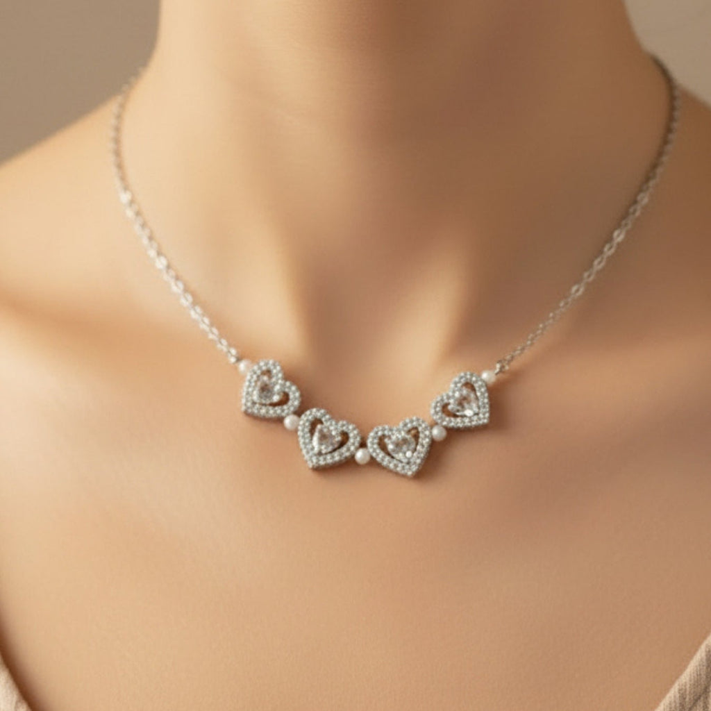 Zircon Heart Magnetic Clover Necklace - Silver