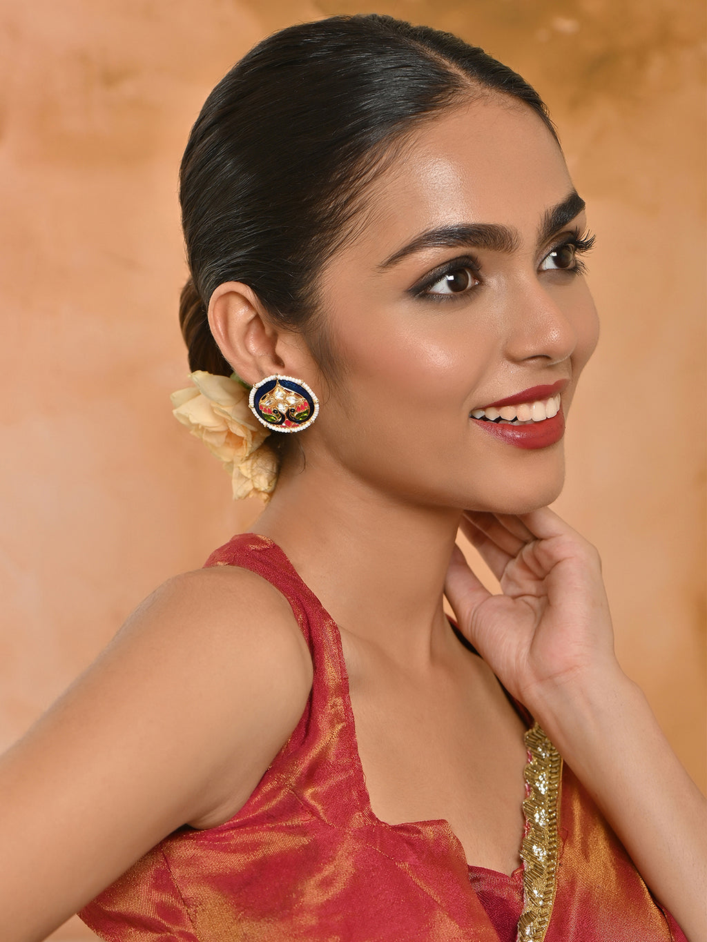 Gul-Rang Meenakari Twin Peacock Pearl Border Stud Earrings