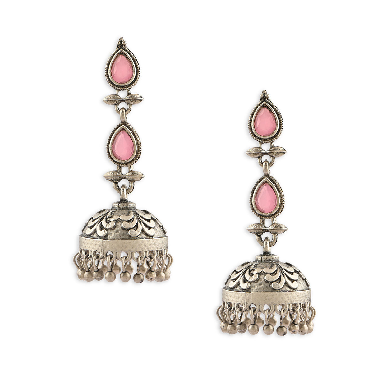 Oxidised Silver Pink Stone Drop Earring