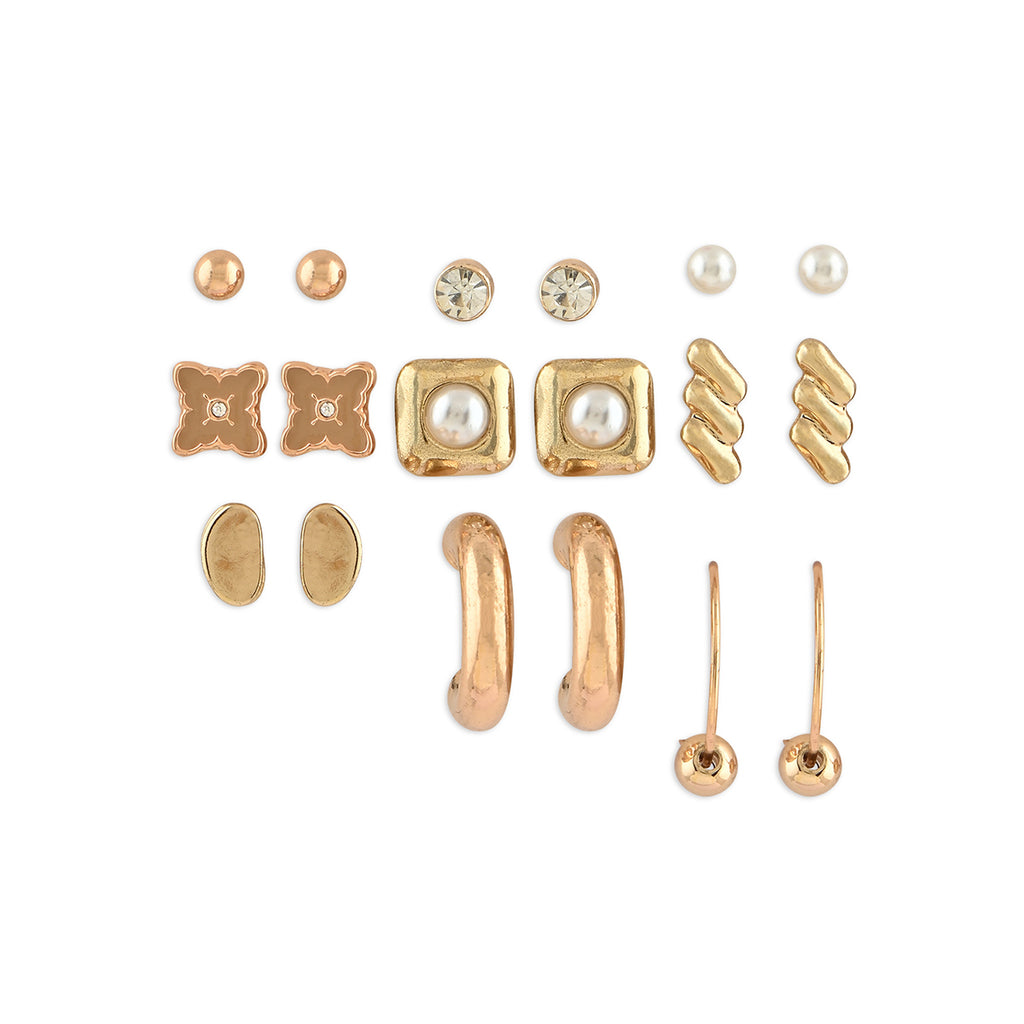 Gold-Toned, Pearl & Crystal Stud Earrings Set of 9