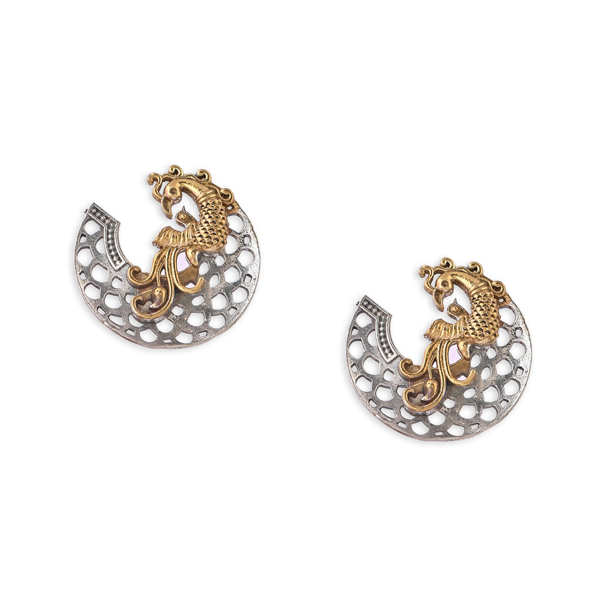 Antique Gold & Silver-Toned Peacock Stud Earrings