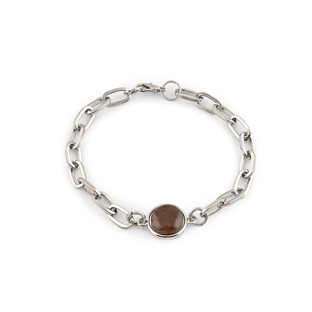 Set of 3 Silver-Toned Chain Link Bracelets with Brown & Green Stones