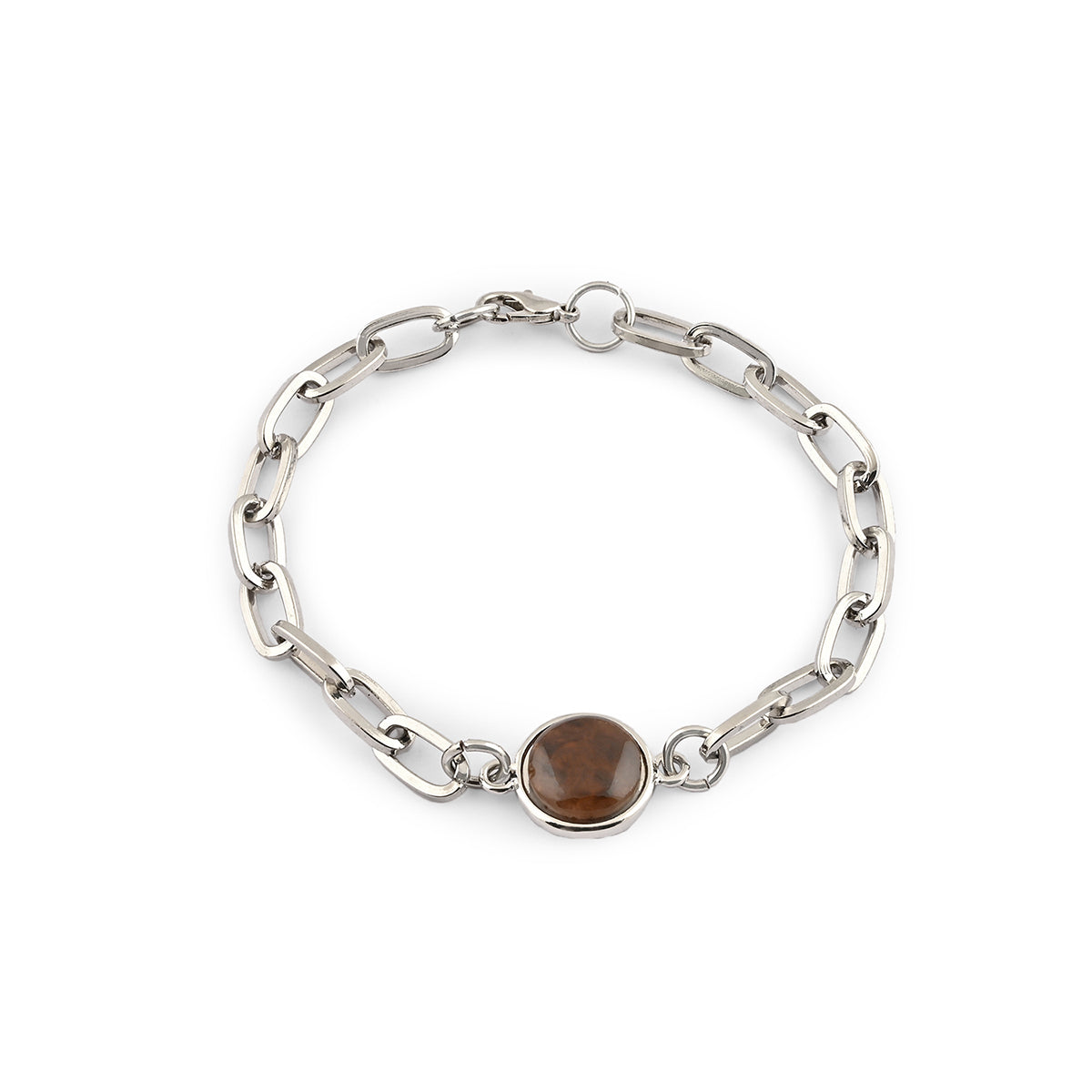 Set of 3 Silver-Toned Chain Link Bracelets with Brown & Green Stones