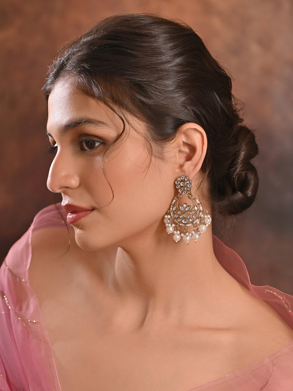 Ivory Kundan Chandbali Earrings with white kundan stones and ivory pearl drops on gold plated base, handcrafted ethnic wedding jewellery