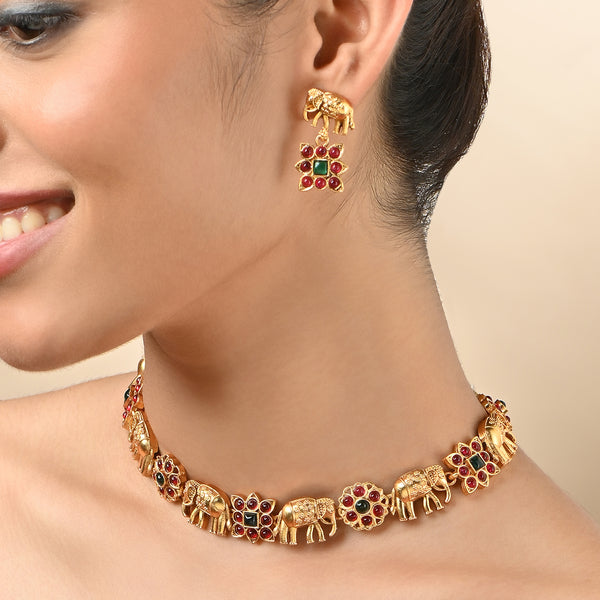 Golden Elephant Motif Necklace & Earrings Set with Red & Green Stones