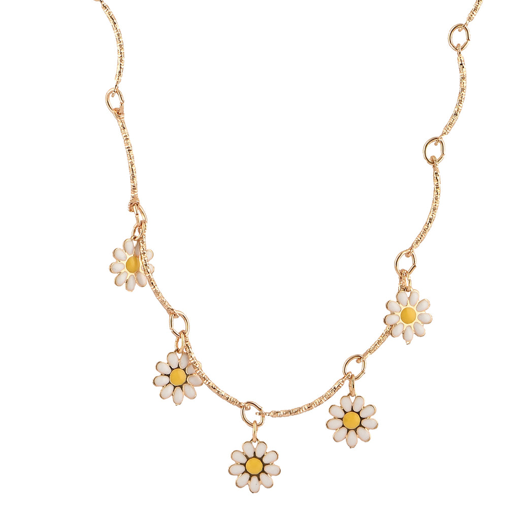 Golden Daisy Multi-Charm Enameled Floral Necklace