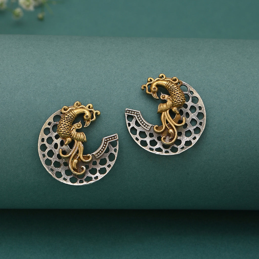 Antique Gold & Silver-Toned Peacock Stud Earrings