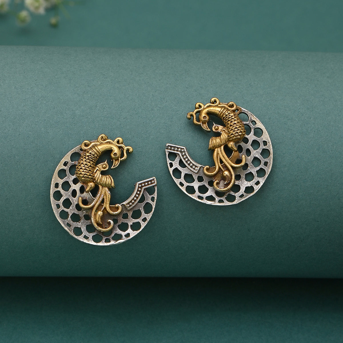 Antique Gold & Silver-Toned Peacock Stud Earrings