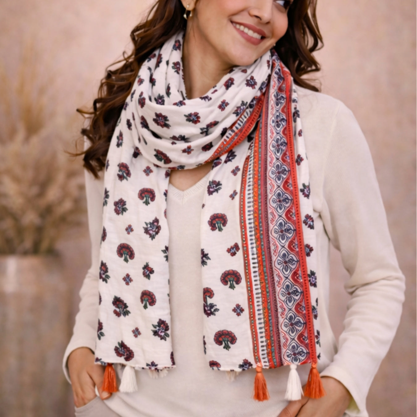 Vibrant Red & White Floral Print Scarf