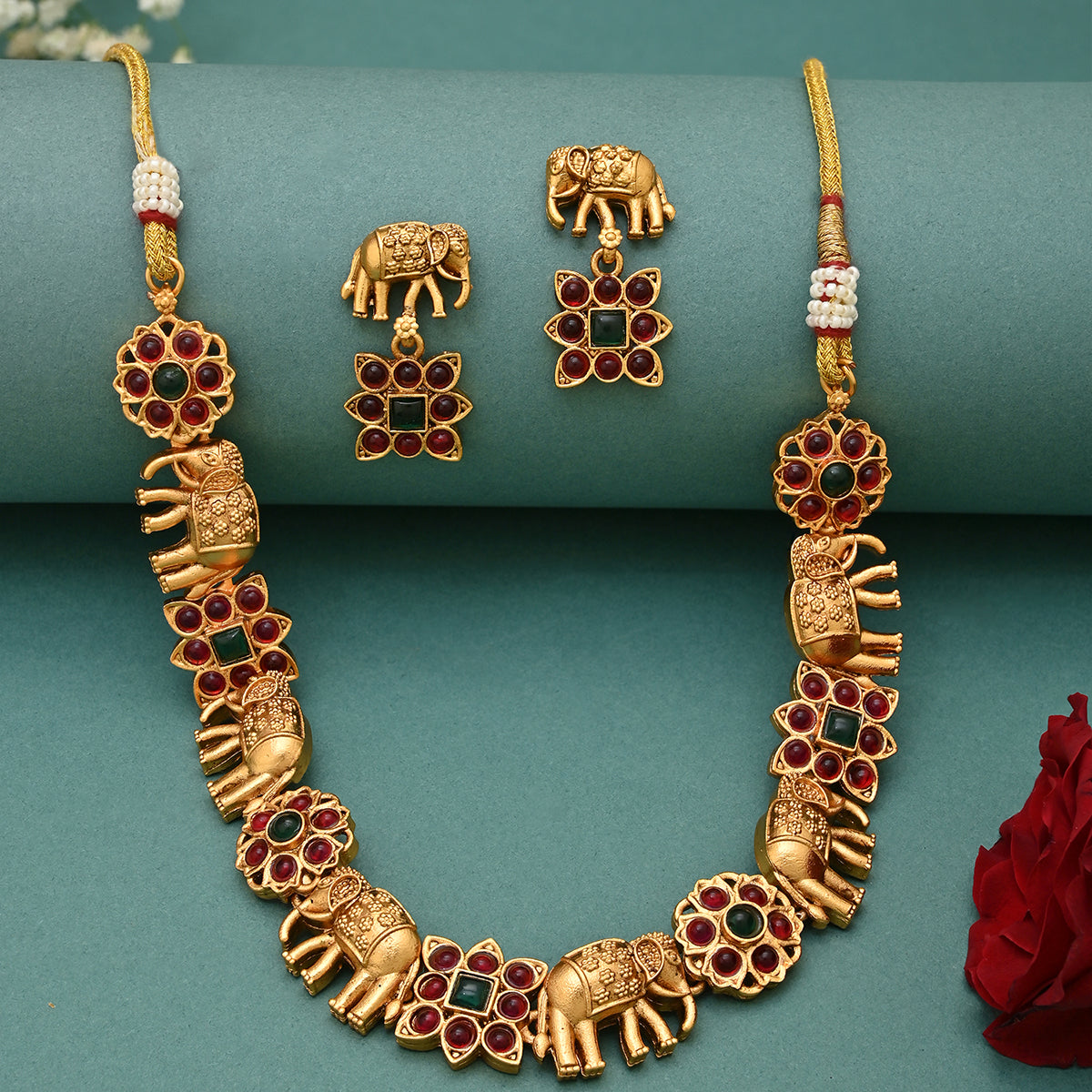 Golden Elephant Motif Necklace & Earrings Set with Red & Green Stones