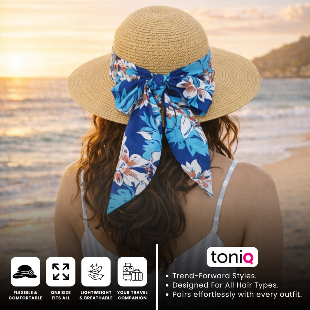Indigo Floral Scarf Beige Beach Hat