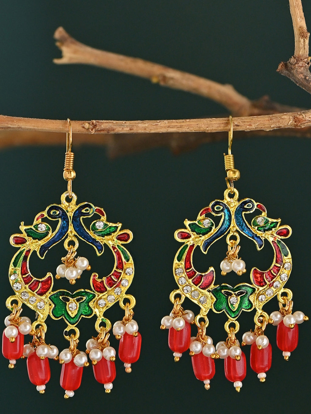 Mayur-Milap Gold Meenakari Pearl Drop Earrings
