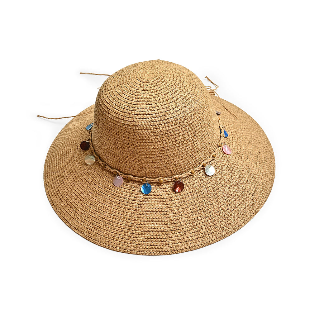Brown Woven Straw Sun Hat with Multicolour Charms