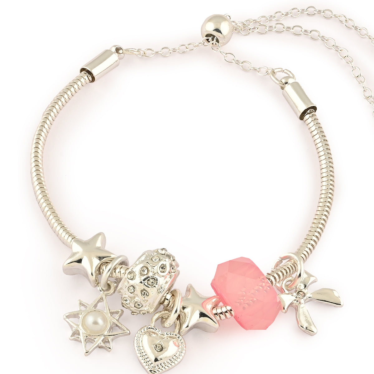 Silver-Toned Minimal Multi Charm Bracelet with Pink Bead