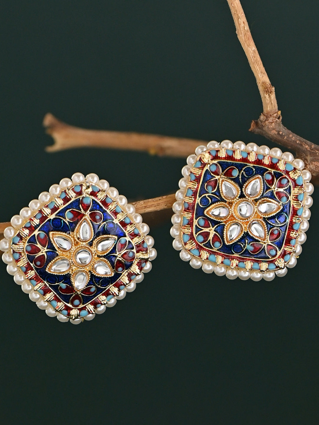 Gul-Zamrud Meenakari Kundan Pearl Studs