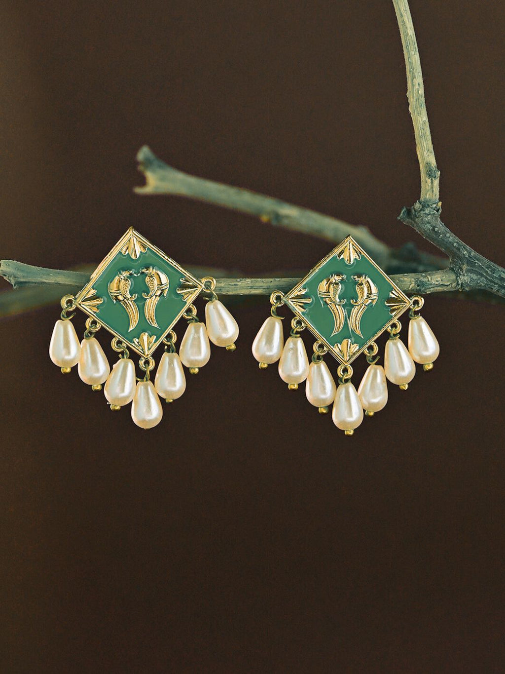 Noorani Green Meenakari Pearl Studs Earrings