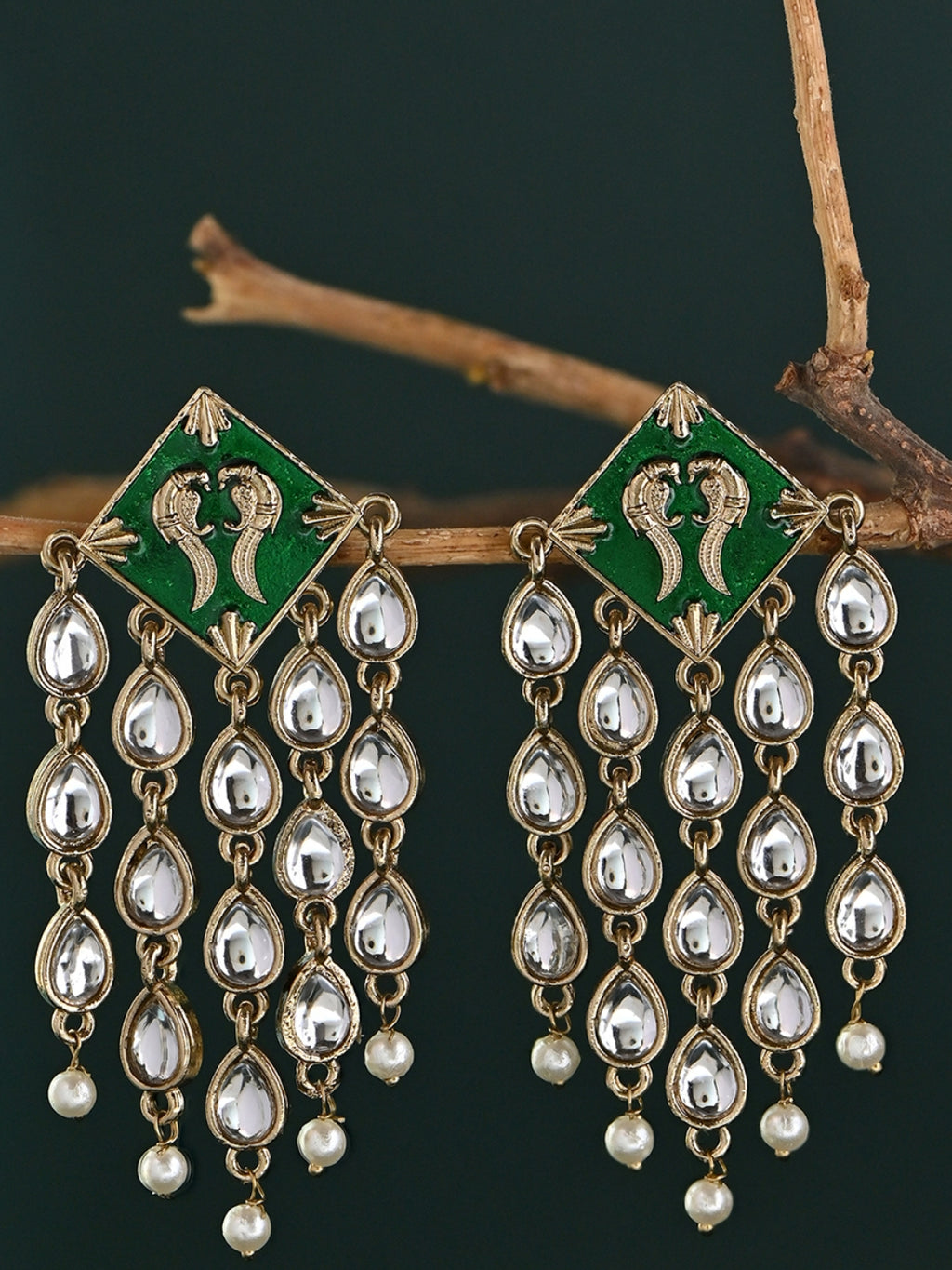 Leela Green Kundan Tassel Drop Earrings