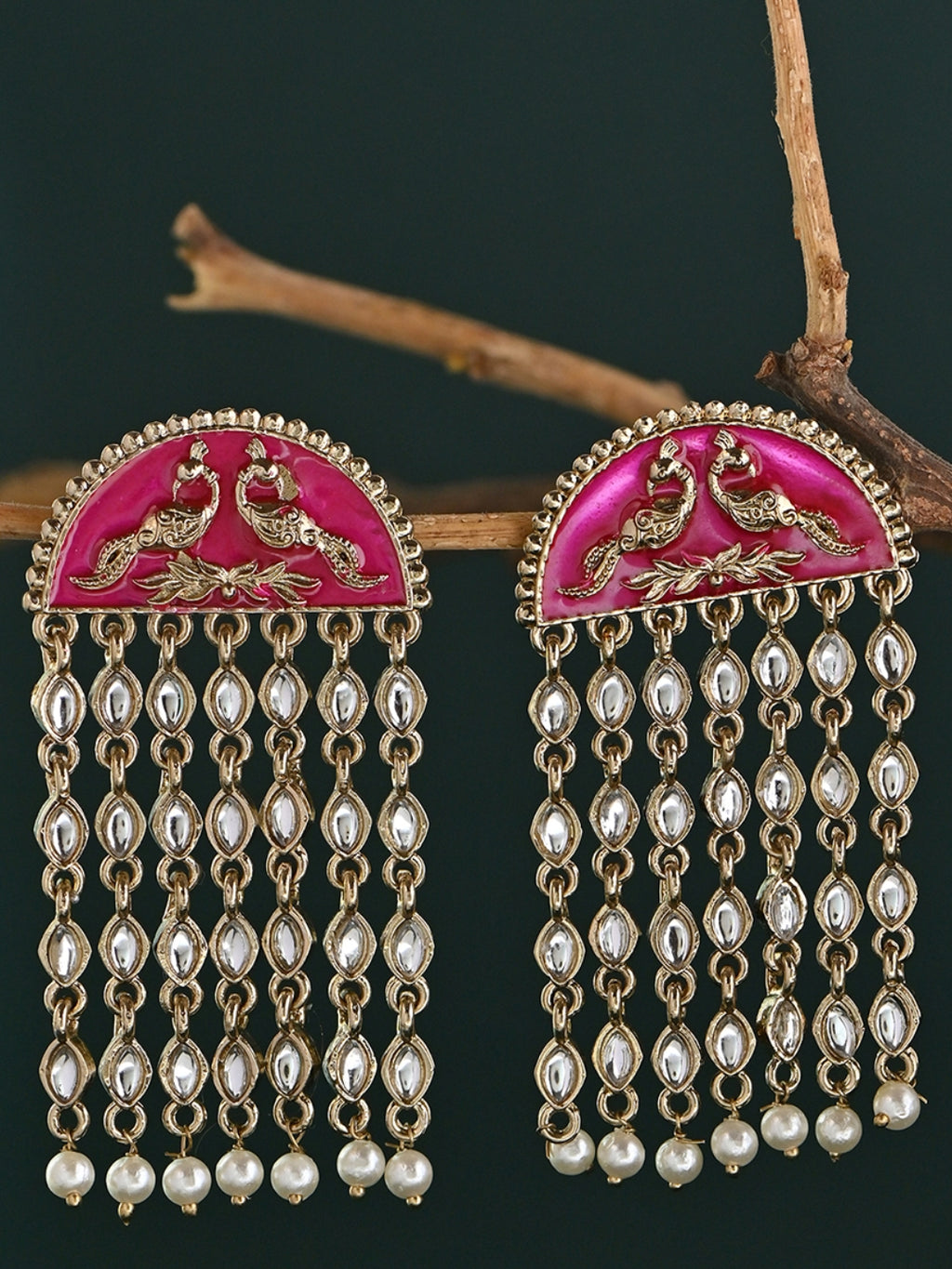 Mayur-Milan Fuschia Kundan Jhaalar Drop Earrings