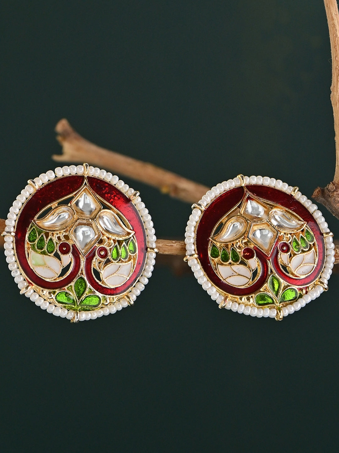 Gul-Rang Meenakari Twin Peacock Pearl Border Stud Earrings