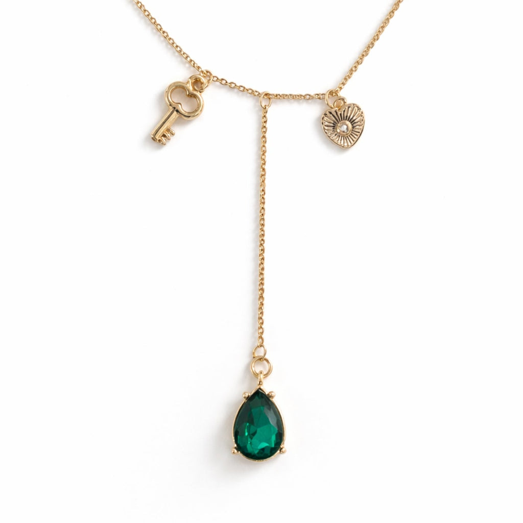 Golden Necklace with Green Stone Pendant & Heart Charm