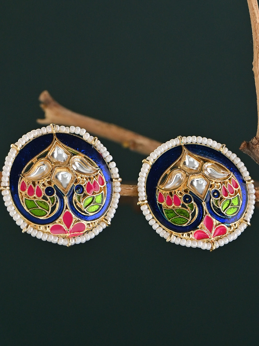 Gul-Rang Meenakari Twin Peacock Pearl Border Stud Earrings