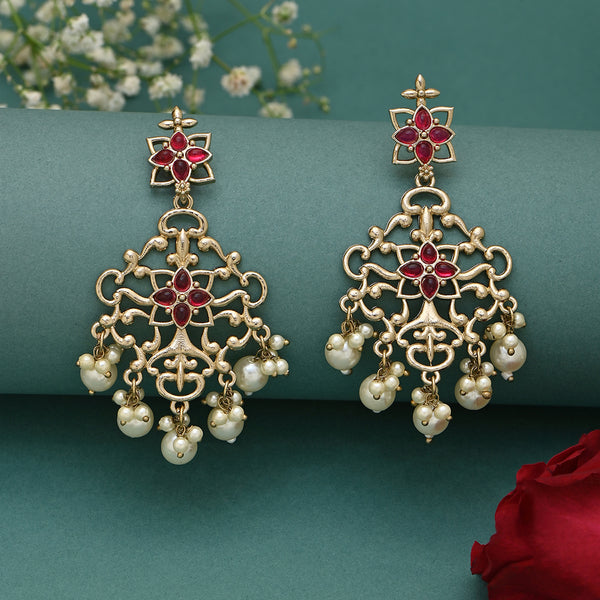 Gold-Tone Red Stone & Pearl Drop Earrings