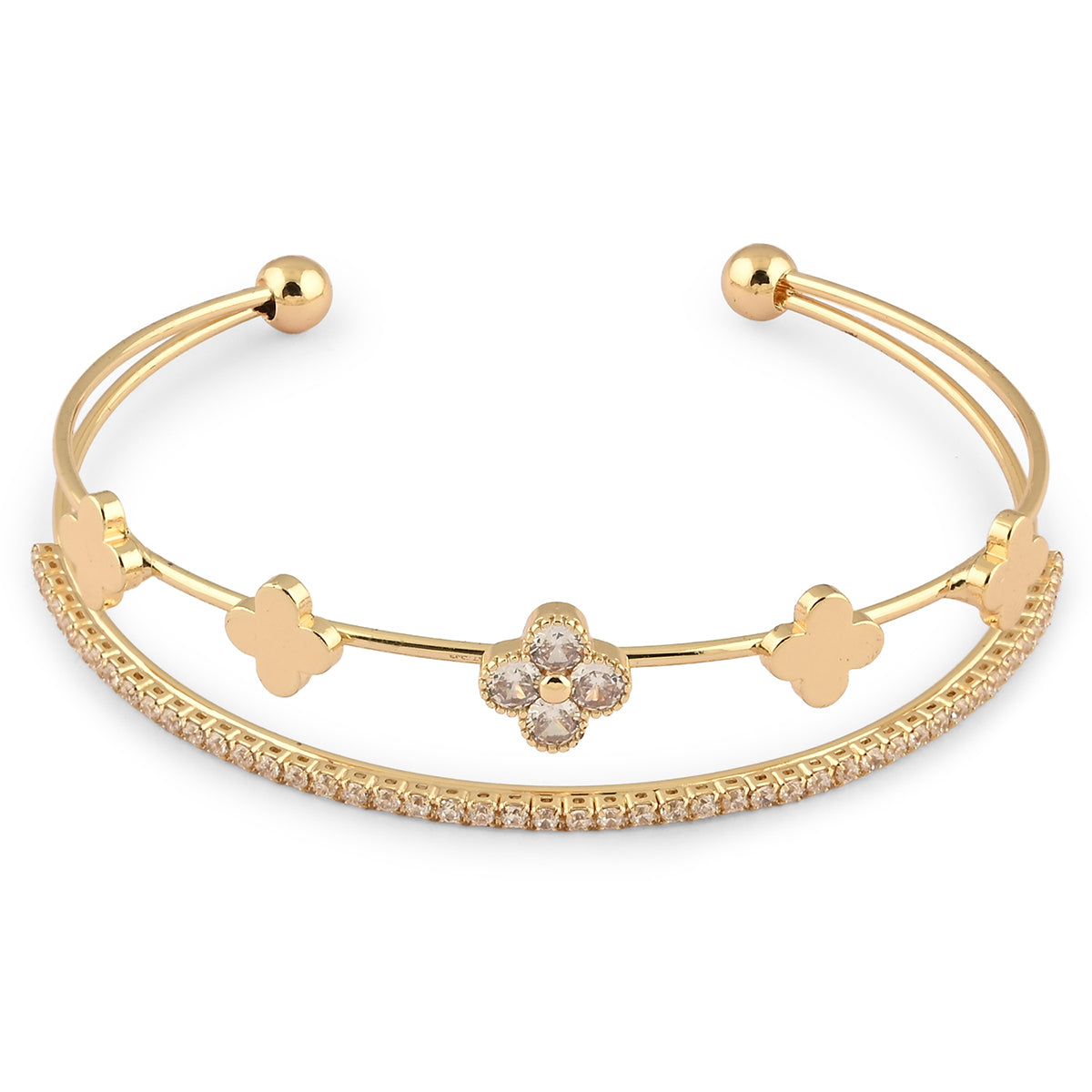 Gold-Toned CZ Clover Floral Cuff Bracelet