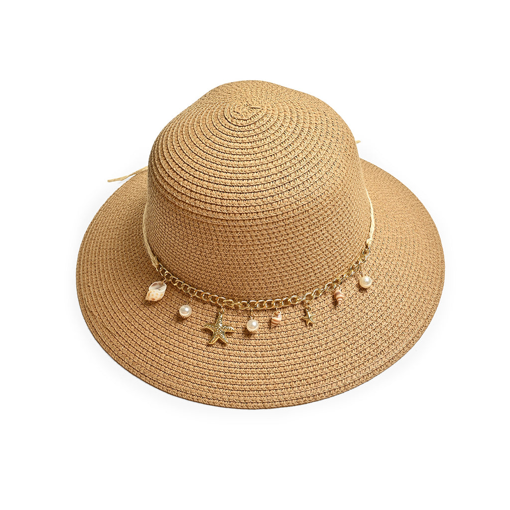 Brown Woven Straw Sun Hat with Shell, Pearl & Starfish Charms