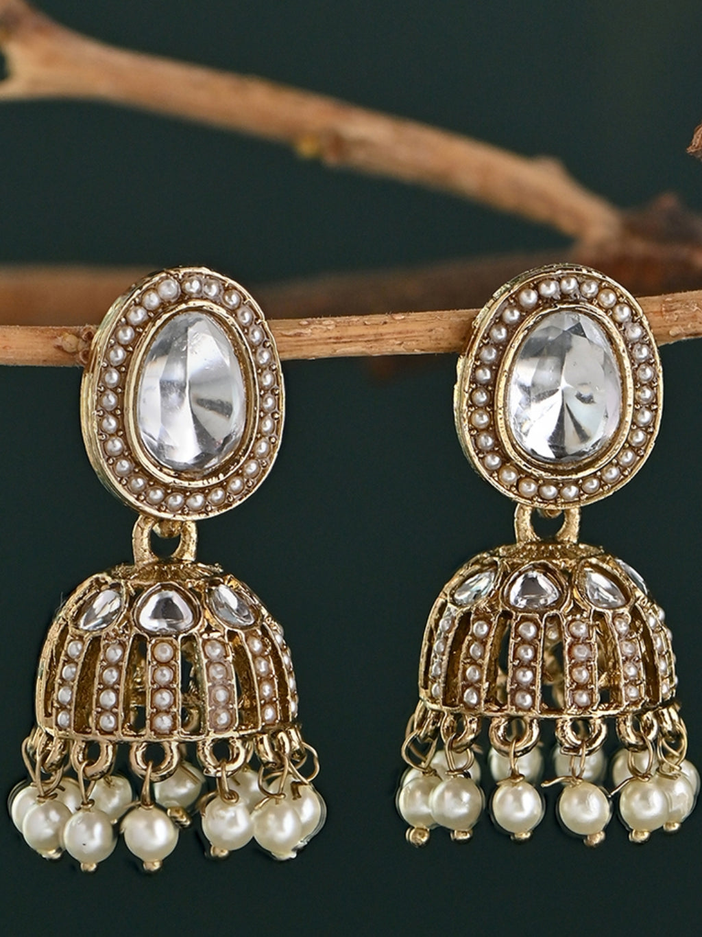 Shaam-Gulab Round Kundan Pearl Jhumkas Earrings