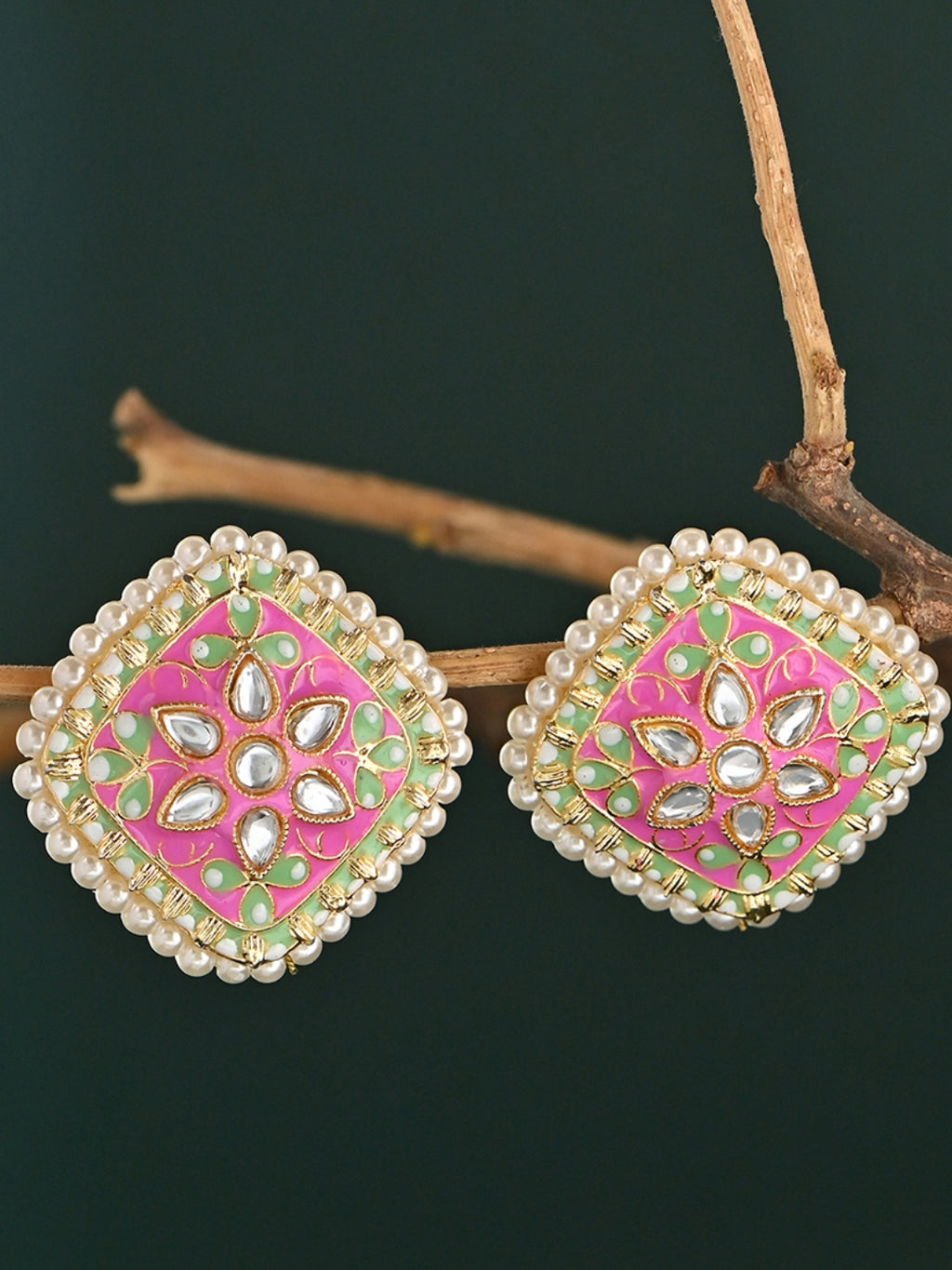 Gul-Zamrud Meenakari Kundan Pearl Studs