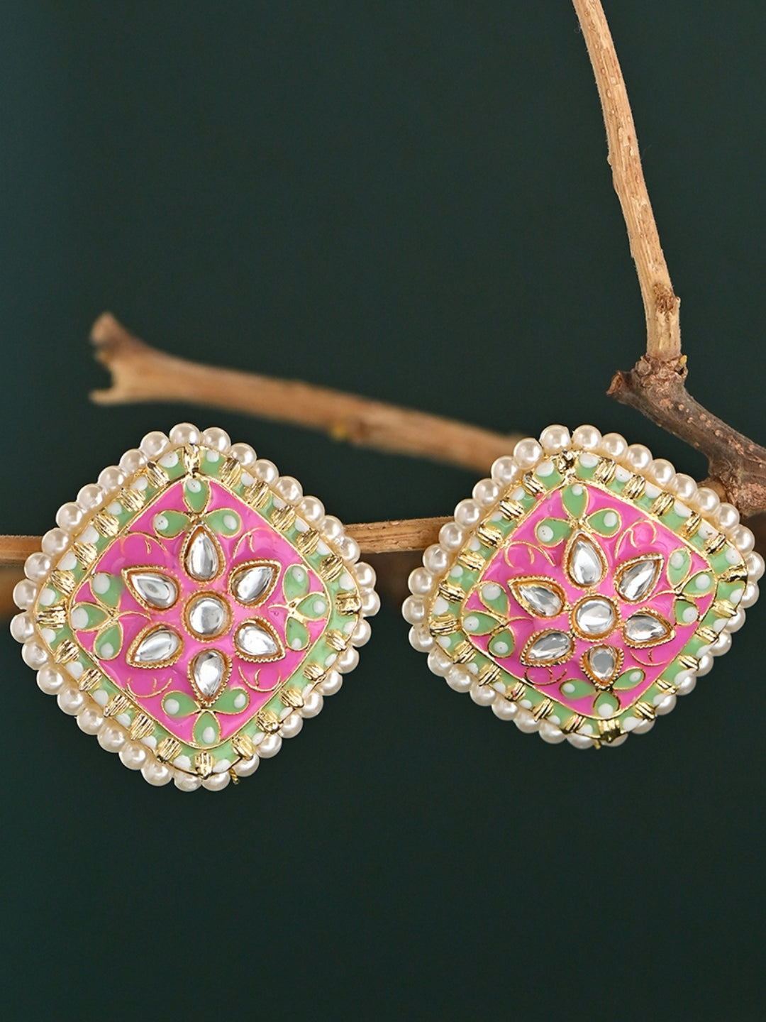 Gul-Zamrud Meenakari Kundan Pearl Studs
