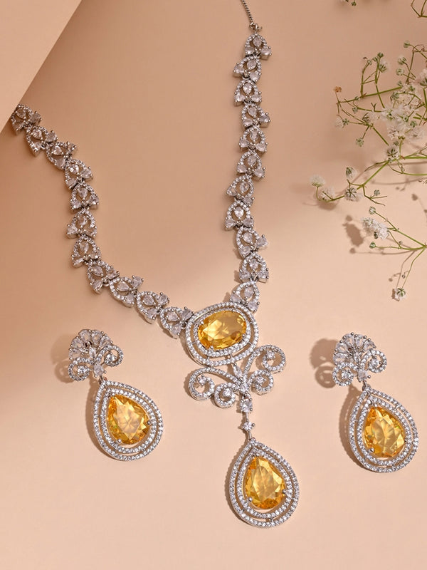 Fida Silver Yellow Luxurious Oval American Diamond Party Women Jewellery Set