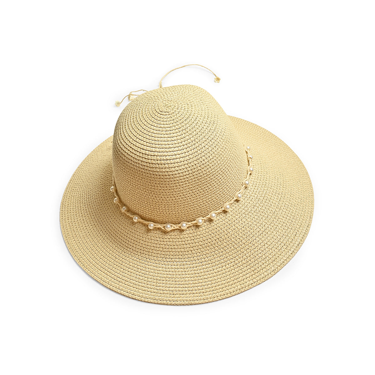 Off White Woven Straw Sun Hat with Pearl Embellishments
