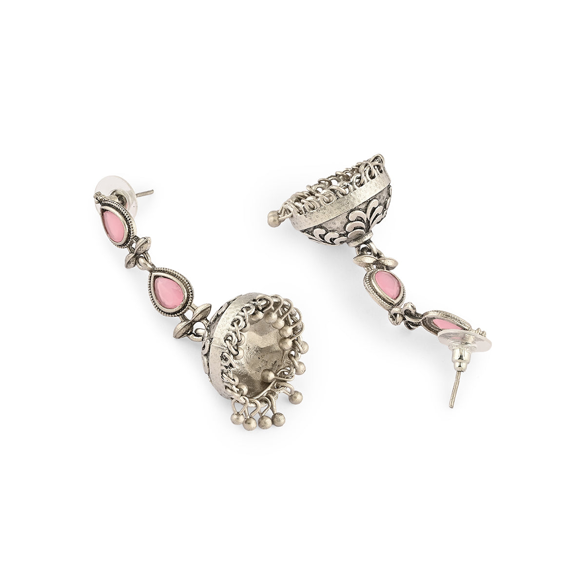 Oxidised Silver Pink Stone Drop Earring