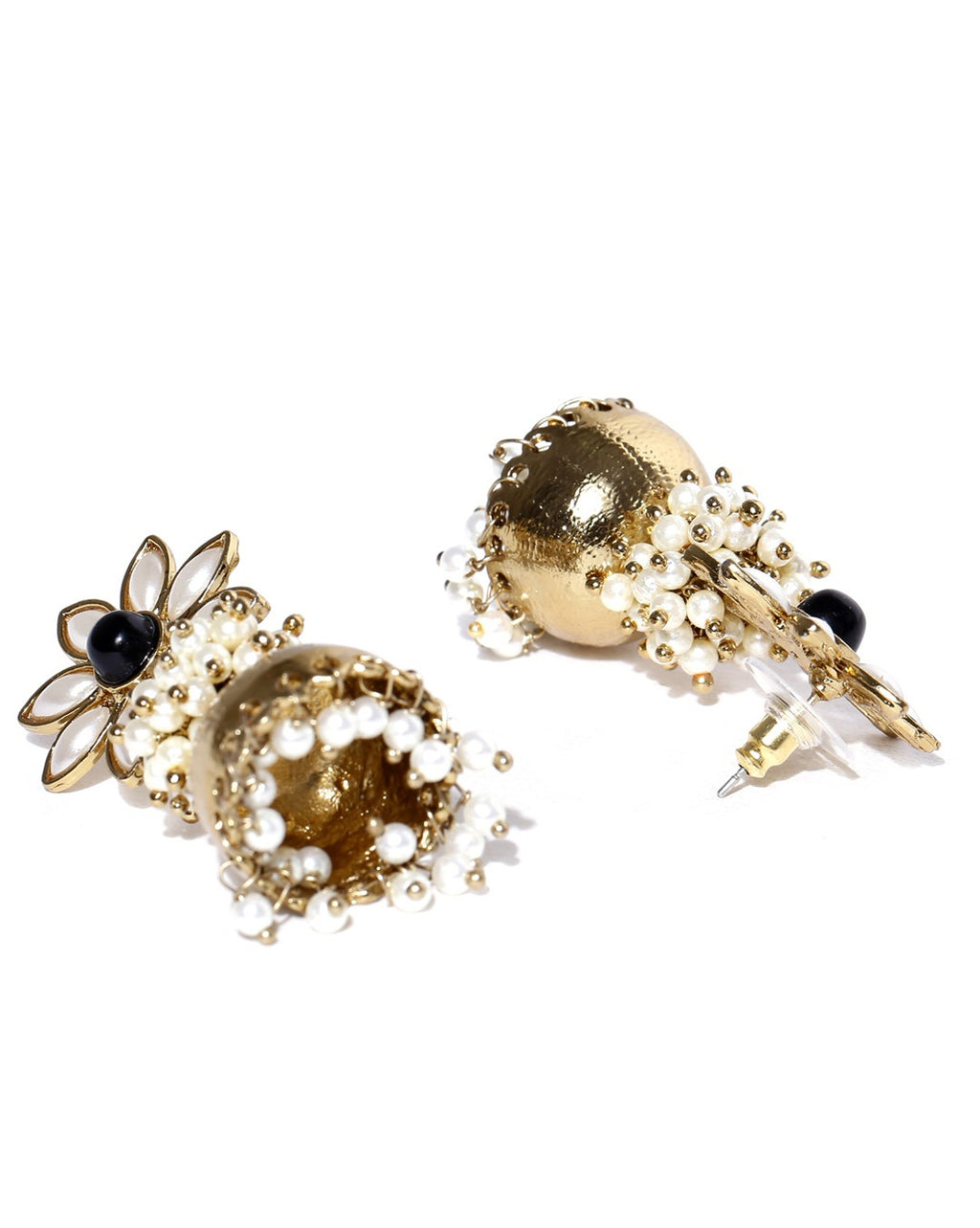 Golden & Off-White Beaded Jhumka Earrings