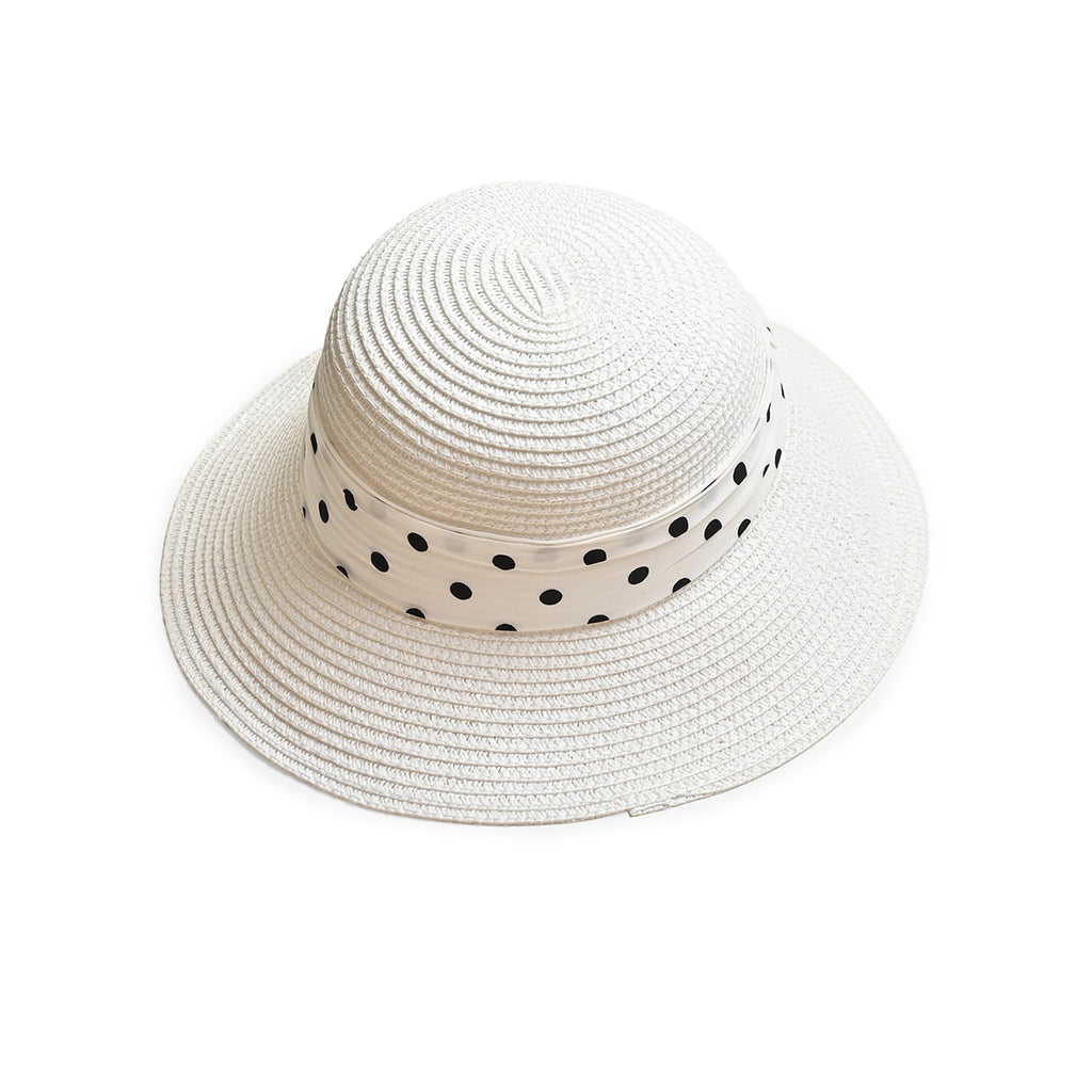 White Woven Straw Sun Hat with Polka Dot Bow Scarf